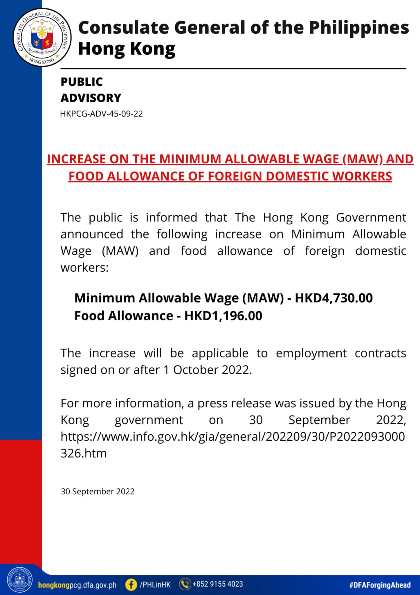 Increase On The Minimum Allowable Wage Maw And Food Allowance Of Foreign Domestic Workers